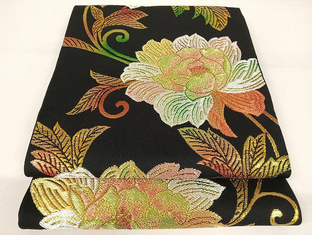 平和屋着物●六通柄　本袋帯　蔦唐花彩　黒地　金銀糸　正絹　逸品　AAAU4233np