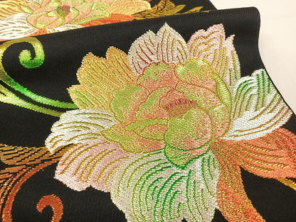 平和屋着物●六通柄　本袋帯　蔦唐花彩　黒地　金銀糸　正絹　逸品　AAAU4233np