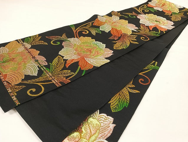 平和屋着物●六通柄　本袋帯　蔦唐花彩　黒地　金銀糸　正絹　逸品　AAAU4233np