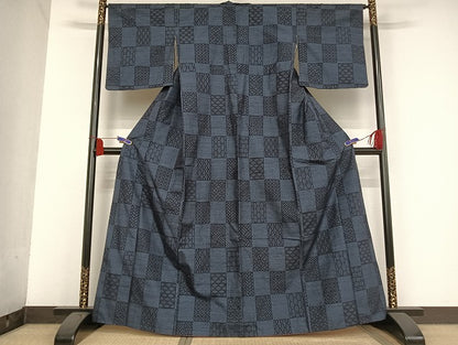平和屋着物●塩沢紬 110亀甲 市松 正絹 逸品 AAAU4257np