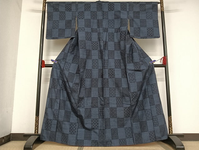 平和屋着物●塩沢紬 110亀甲 市松 正絹 逸品 AAAU4257np