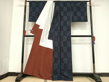 平和屋着物●塩沢紬 110亀甲 市松 正絹 逸品 AAAU4257np