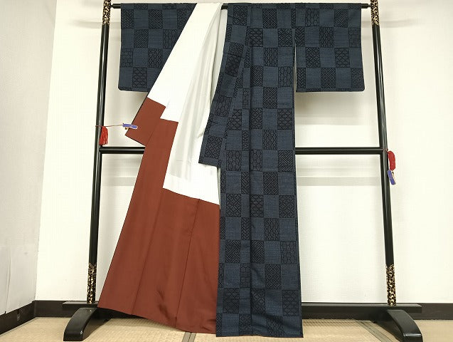 平和屋着物●塩沢紬 110亀甲 市松 正絹 逸品 AAAU4257np