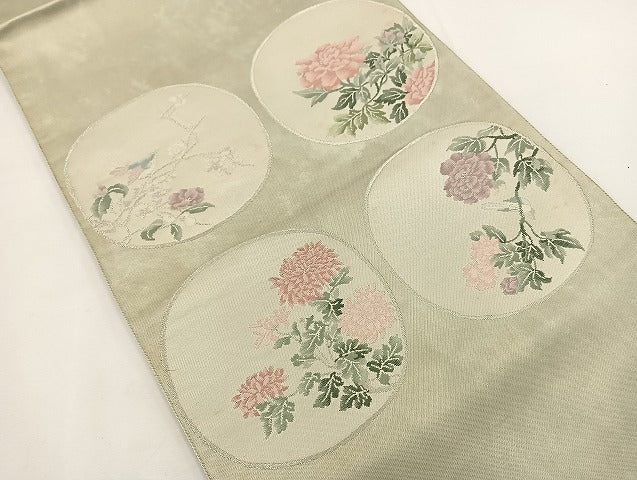 平和屋着物◎太鼓柄袋帯 花鳥丸文 銀糸 引箔 正絹 逸品 BAAT0597yt