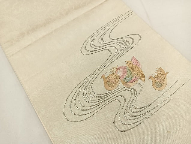 平和屋着物◎太鼓柄袋帯　総刺繍　流水鴛鴦文　金銀糸　引箔　鈴乃屋扱い　正絹　逸品　BAAT0598yt