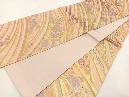 平和屋着物◎全通柄袋帯　流水椿　金糸　正絹　逸品　BAAT5447yt