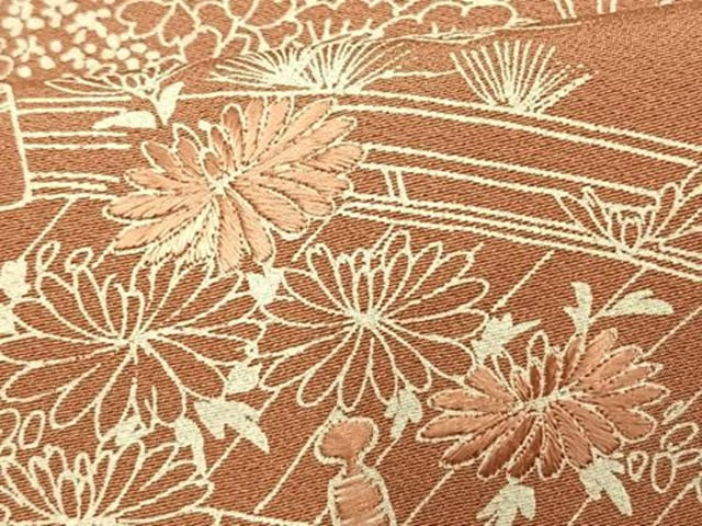平和屋着物▽訪問着　単衣　刺繍　風景草花文　正絹　逸品　AAAV2775fy
