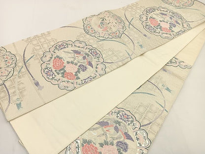 平和屋着物◎六通柄袋帯 唐織 花鳥文 銀糸 正絹 逸品 BAAT5493yt