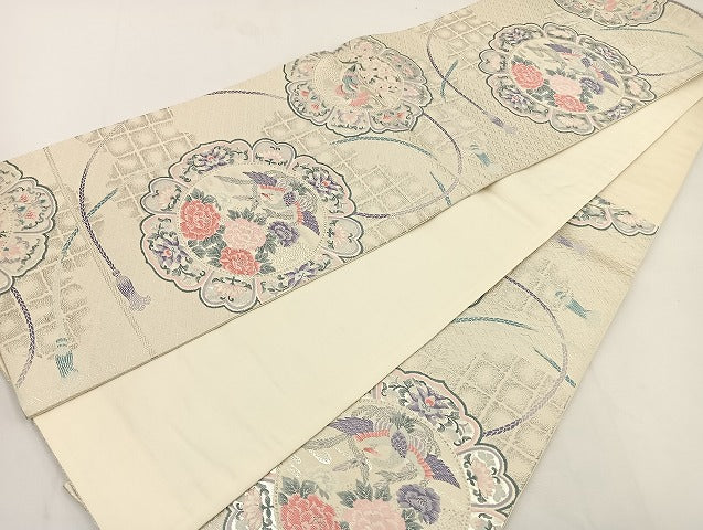 平和屋着物◎六通柄袋帯 唐織 花鳥文 銀糸 正絹 逸品 BAAT5493yt