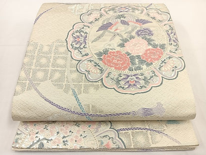 平和屋着物◎六通柄袋帯 唐織 花鳥文 銀糸 正絹 逸品 BAAT5493yt