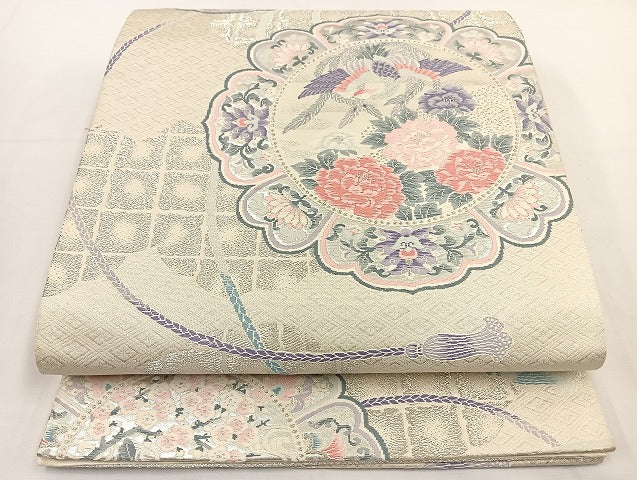 平和屋着物◎六通柄袋帯 唐織 花鳥文 銀糸 正絹 逸品 BAAT5493yt