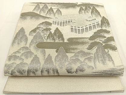 平和屋着物◎太鼓柄袋帯　綴れ　京百景　清水寺　プラチナ　正絹　逸品　BAAT5495yt