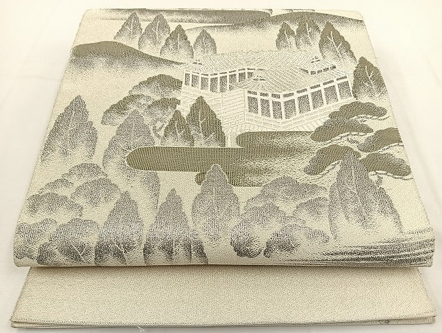 平和屋着物◎太鼓柄袋帯　綴れ　京百景　清水寺　プラチナ　正絹　逸品　BAAT5495yt