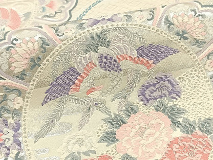 平和屋着物◎六通柄袋帯 唐織 花鳥文 銀糸 正絹 逸品 BAAT5493yt
