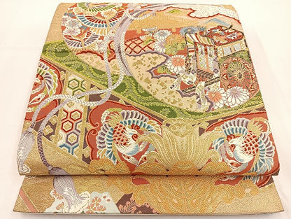 平和屋着物◎六通柄袋帯 唐織 御殿鼓 金糸 正絹 逸品 BAAT5509yt