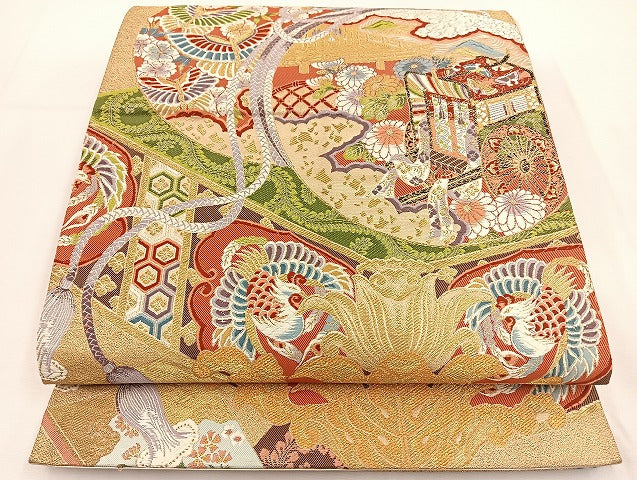 平和屋着物◎六通柄袋帯 唐織 御殿鼓 金糸 正絹 逸品 BAAT5509yt