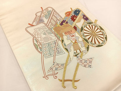平和屋着物◎太鼓柄袋帯 総刺繍 駒刺繍 御所車花文 金銀糸 引箔 正絹 逸品 BAAT5505yt