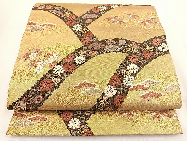 平和屋着物◎六通柄袋帯 唐織 宝尽くし 伝統工芸引箔 正絹 逸品 BAAT5504yt