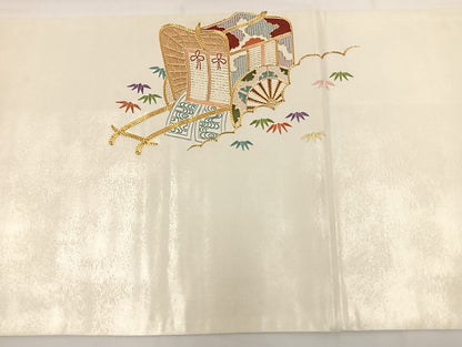 平和屋着物◎太鼓柄袋帯 総刺繍 駒刺繍 御所車花文 金銀糸 引箔 正絹 逸品 BAAT5505yt
