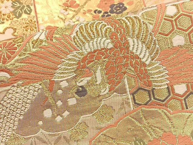 平和屋着物◎六通柄袋帯 唐織 鳳凰花文 金糸 正絹 逸品 BAAT5508cm