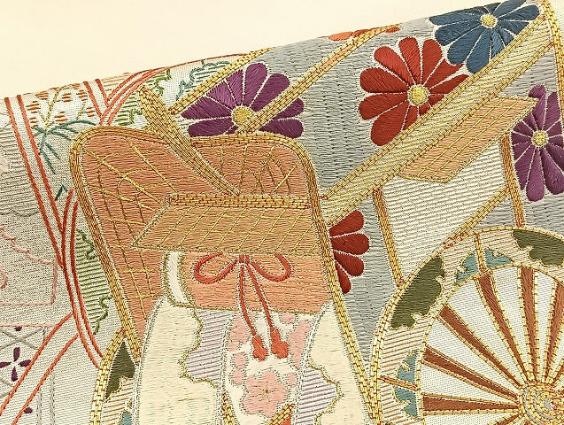 平和屋着物◎太鼓柄袋帯 総刺繍 駒刺繍 御所車花文 金銀糸 引箔 正絹 逸品 BAAT5505yt