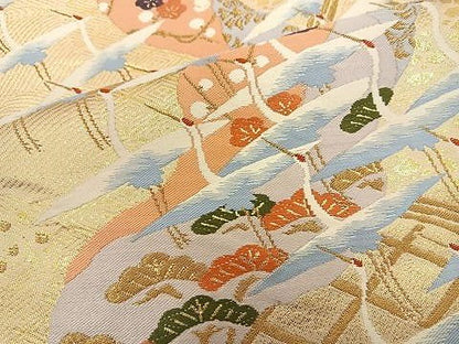 平和屋着物◎六通柄袋帯 唐織 群鶴 金糸 正絹 逸品 BAAR9717cm