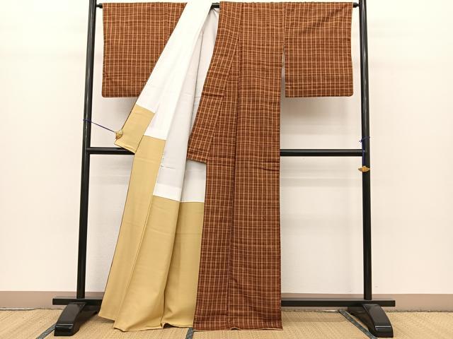 平和屋着物●上質な紬 格子柄 正絹 逸品 BAAT0796yc