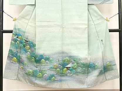 平和屋着物●訪問着 白山紬 作家物 手描き 朝露山景 暈し染め さが美扱い 反端付き 正絹 逸品 未使用 BAAT0799yc