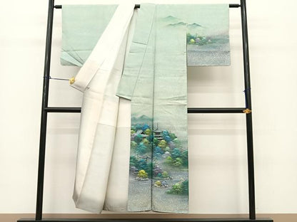 平和屋着物●訪問着 白山紬 作家物 手描き 朝露山景 暈し染め さが美扱い 反端付き 正絹 逸品 未使用 BAAT0799yc
