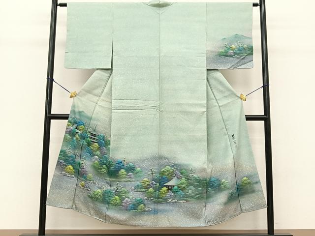 平和屋着物●訪問着 白山紬 作家物 手描き 朝露山景 暈し染め さが美扱い 反端付き 正絹 逸品 未使用 BAAT0799yc