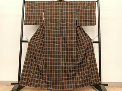平和屋着物●黄八丈　紬　格子柄　黒地 　正絹　逸品　未使用　BAAT0805yc