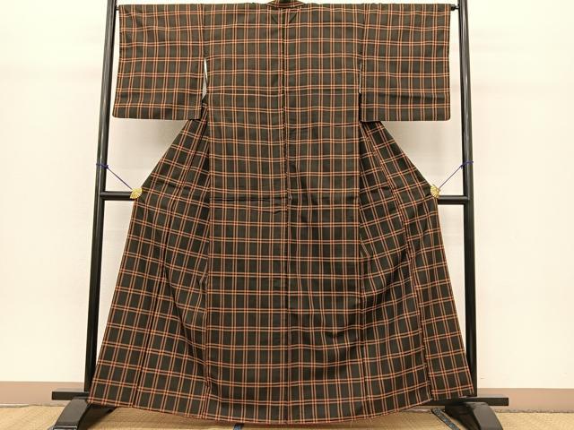 平和屋着物●黄八丈　紬　格子柄　黒地 　正絹　逸品　未使用　BAAT0805yc