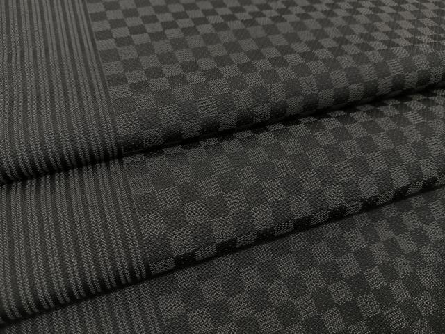 平和屋着物●上質なお召　縞　市松文様　黒地　正絹　逸品　AABH9585ck