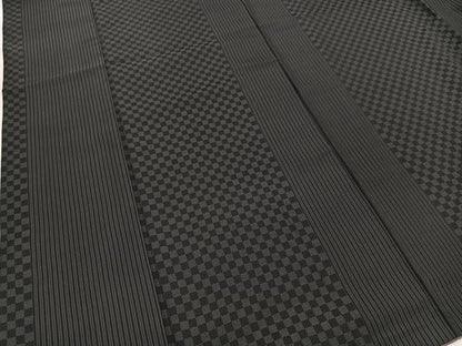 平和屋着物●上質なお召　縞　市松文様　黒地　正絹　逸品　AABH9585ck