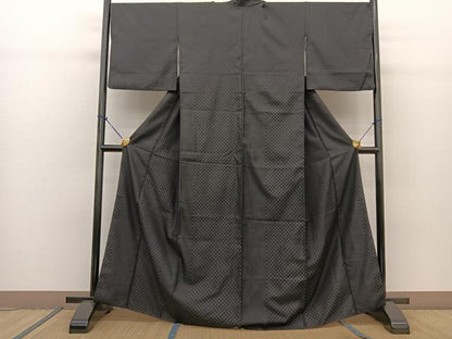 平和屋着物●上質なお召　縞　市松文様　黒地　正絹　逸品　AABH9585ck