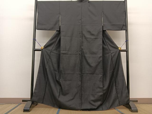 平和屋着物●上質なお召　縞　市松文様　黒地　正絹　逸品　AABH9585ck