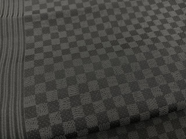 平和屋着物●上質なお召　縞　市松文様　黒地　正絹　逸品　AABH9585ck