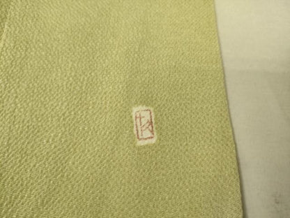 平和屋着物▽加賀友禅の巨匠　初代　由水十久監修　色無地　単衣　若菜色　鬼しぼ縮緬　正絹　逸品　DAAS0535az