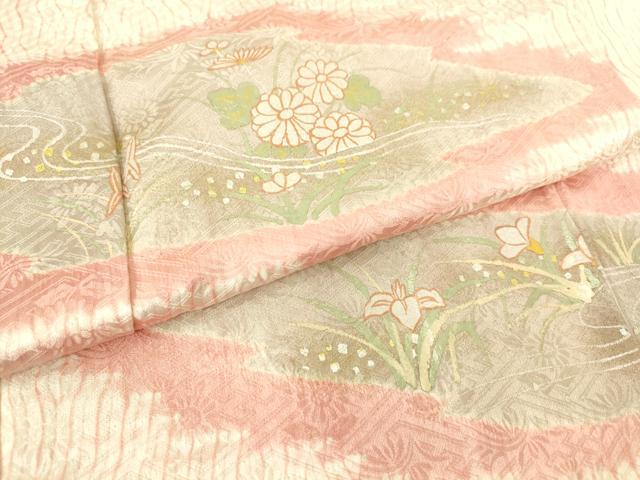 平和屋着物▽訪問着 単衣 杢目絞り 流水花文 金銀彩 正絹 逸品 DAAS0541az