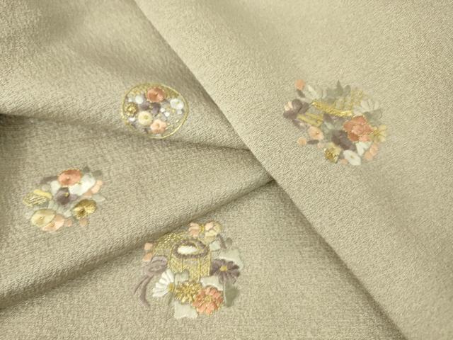 平和屋着物▽上質な小紋　単衣　総刺繍　花籠文　金糸　正絹　逸品　DAAS0465az