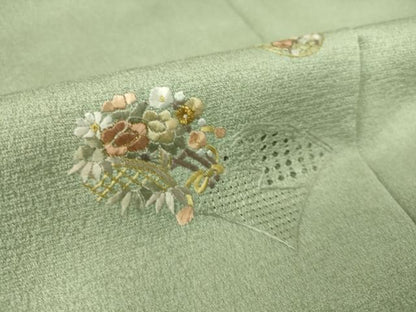 平和屋着物▽中国三大刺繍　スワトウ刺繍　汕頭刺繍　総刺繍　小紋　単衣　檜扇花文　金糸　正絹　逸品　未使用　DAAS0458az