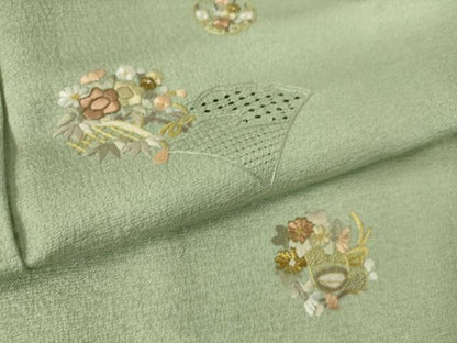 平和屋着物▽中国三大刺繍　スワトウ刺繍　汕頭刺繍　総刺繍　小紋　単衣　檜扇花文　金糸　正絹　逸品　未使用　DAAS0458az