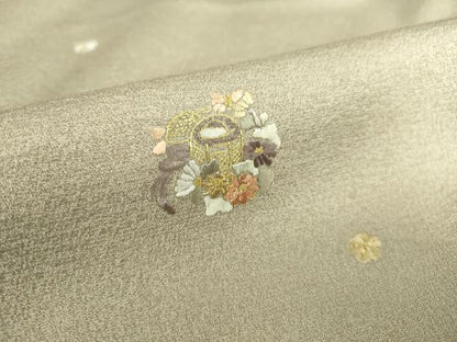 平和屋着物▽上質な小紋　単衣　総刺繍　花籠文　金糸　正絹　逸品　DAAS0465az