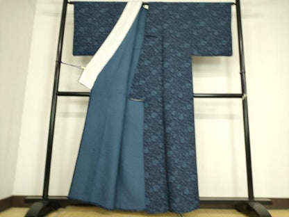 平和屋着物▽本藍 型絵染 小紋 単衣 更紗花文 正絹 逸品 DAAS0474az