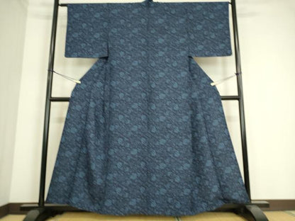 平和屋着物▽本藍 型絵染 小紋 単衣 更紗花文 正絹 逸品 DAAS0474az