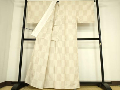 平和屋着物▽上質な紬　単衣　市松文　正絹　逸品　DAAS0480az