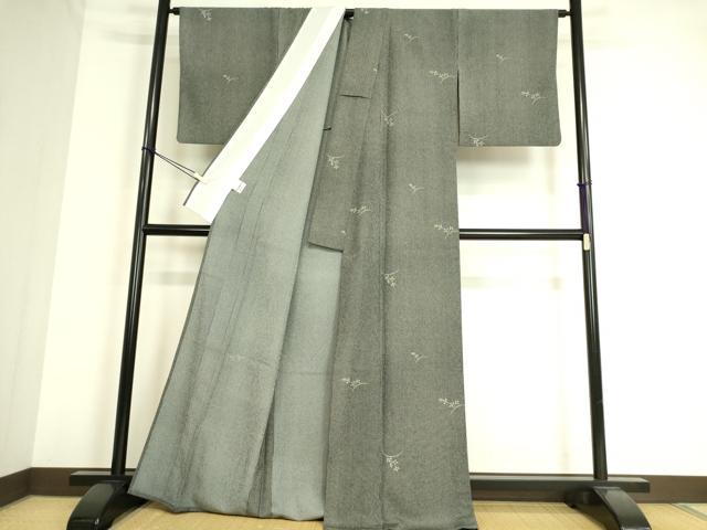 平和屋着物▽小紋　単衣　舞花文　黒地　洗える着物　DAAS0498az