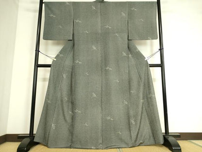 平和屋着物▽小紋　単衣　舞花文　黒地　洗える着物　DAAS0498az