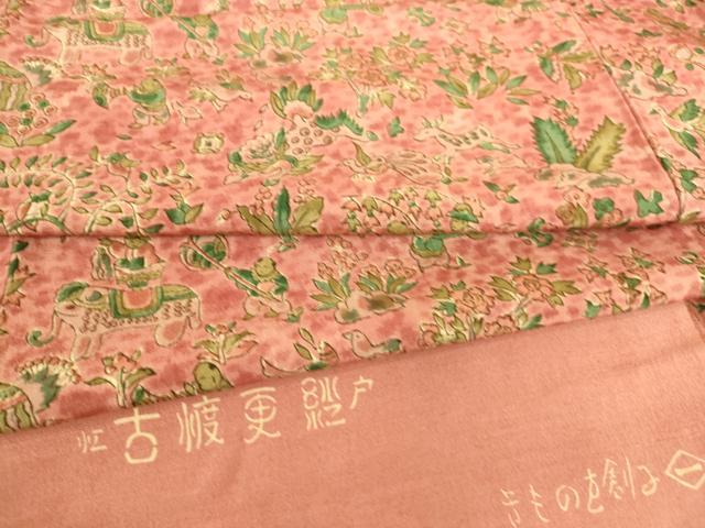 平和屋着物▽東京の老舗呉服問屋 菱一 小紋 紬地 単衣 古渡更紗 反端付き 正絹 逸品 未使用 DAAS0517az