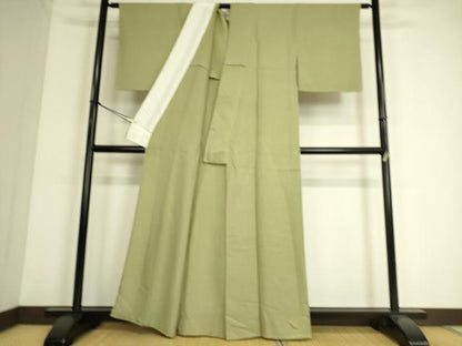 平和屋着物▽上質な色無地 単衣 紋意匠 若葉色 正絹 逸品 DAAS0525az